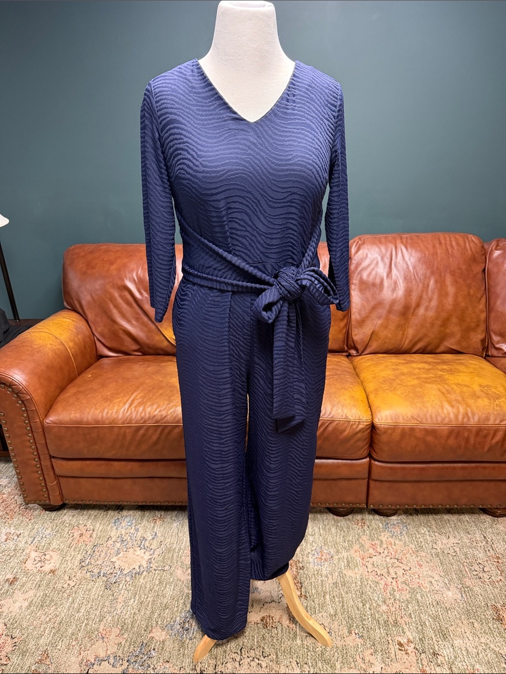 Textured Navy V-Neck Tie-Waist Jumpsuit